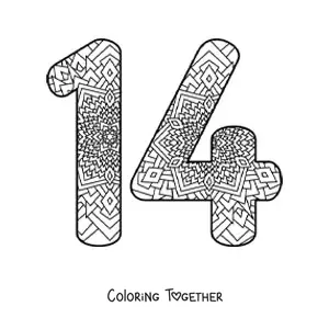 Coloring page of a mandala of the number 14