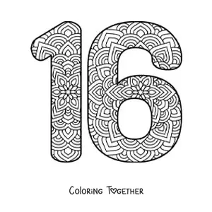 Coloring page of a mandala of the number 16