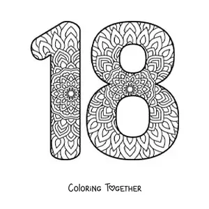 Coloring page of a mandala of the number 18