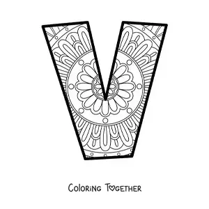 Coloring page of a mandala of the letter v