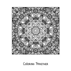 Coloring page of a square mandala with flowers