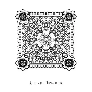 Coloring page of a square mandala with flowers