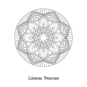 Coloring page of an easy circular mandala with flowers