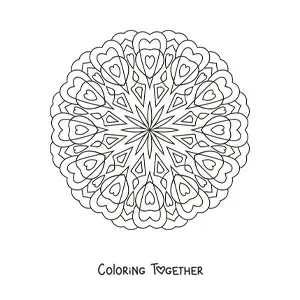 Coloring page of an easy round mandala with hearts