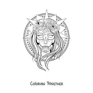 Coloring page of a beautiful realistic catrina with a mandala background