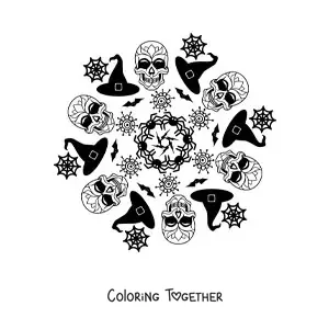 Coloring page of a Halloween skulls mandala