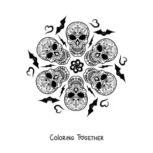 Coloring page of a Halloween skulls mandala