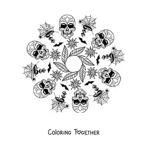 Coloring page of a Halloween skulls mandala