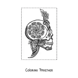 Coloring page of a Zentangle style skull mandala
