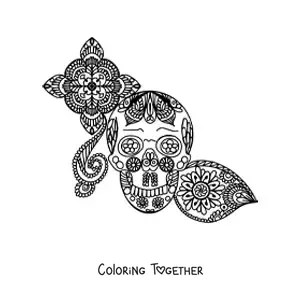 Coloring page of a Zentangle style skull mandala