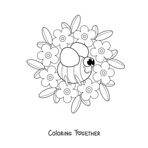 Coloring page of a kawaii mandala with a bee and flowers