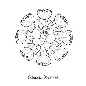 Coloring page of a kawaii mandala with a butterfly and flowers