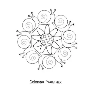 Coloring page of a kawaii mandala with snails and a flower