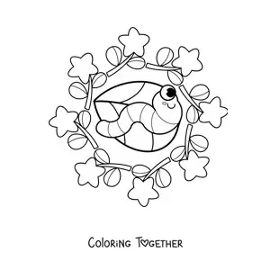 Coloring page of a kawaii mandala with a caterpillar and flowers