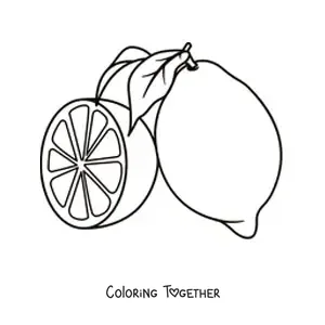 Coloring page of a lemon with a leaf and half a lemon