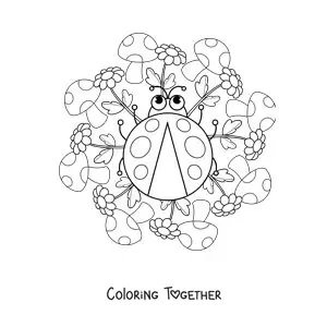 Coloring page of a kawaii mandala with a ladybug, mushrooms and flowers
