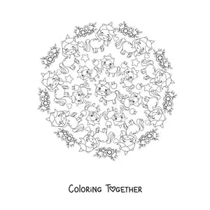 Coloring page of a kawaii unicorns mandala with flowers and stars