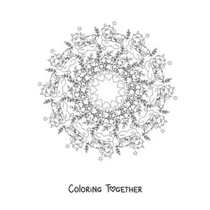 Coloring page of a kawaii unicorns mandala with flowers and hearts
