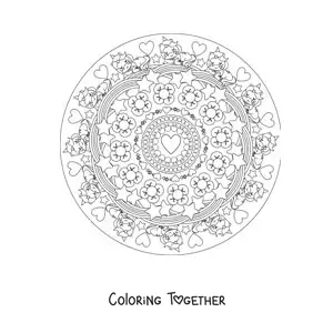 Coloring page of a kawaii unicorns mandala with flowers, hearts and stars
