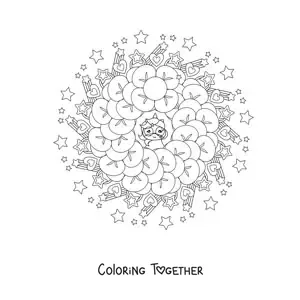 Coloring page of a kawaii unicorns mandala with hearts and stars