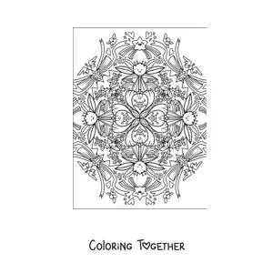 Coloring page of a kawaii mandala with flowers and stars