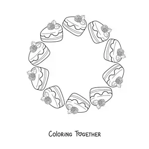 Coloring page of a kawaii mandala with slices of cake