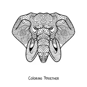 Coloring page of a Zentangle-style mandala of an elephant's face