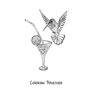 Coloring page of a hummingbird drinking from a glass with a slice of lemon