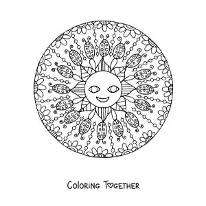 Coloring page of a mandala with a cartoon sun surrounded by ladybugs and flowers