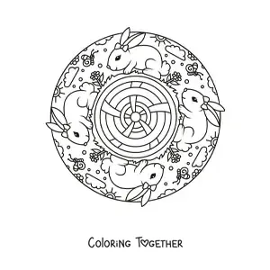 Coloring page of a mandala with kawaii rabbits
