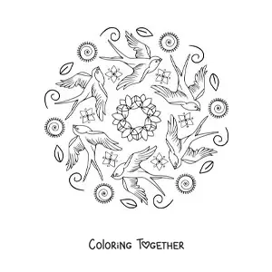 Coloring page of a mandala with flying birds and leaves