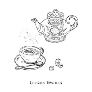 Coloring page of a teapot with lemon tea