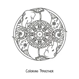 Coloring page of a mandala with elephants