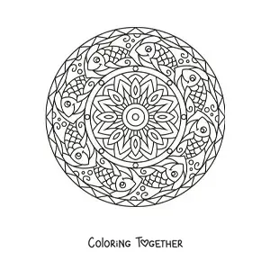 Coloring page of a mandala with fish