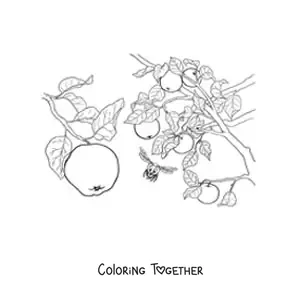 Coloring page of an apple tree with apples and bees flying around