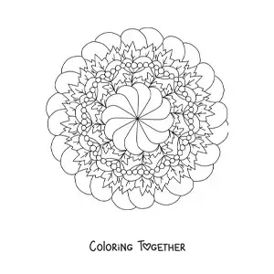 Coloring page of a mandala of flowers and leaves