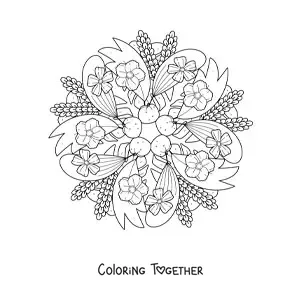 Coloring page of an easy mandala of flowers and leaves