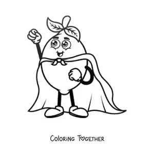 Coloring page of a cartoon lemon dressed as a superhero