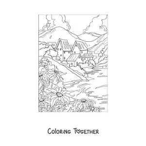 Coloring page of a landscape with a house in the countryside