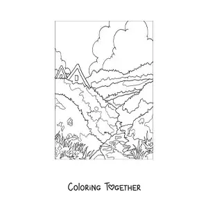 Coloring page of a landscape with a house in the countryside