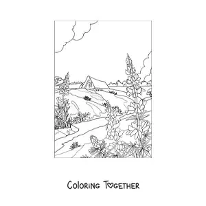 Coloring page of a landscape with a house in the countryside