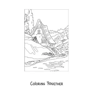 Coloring page of a landscape with a house in the countryside