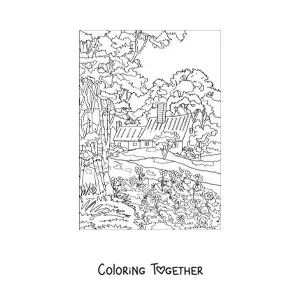 Coloring page of a landscape with a house in the countryside