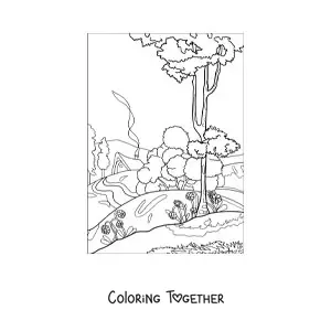 Coloring page of a landscape with a house in the countryside