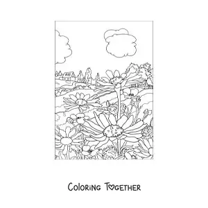 Coloring page of a landscape with a house in the countryside