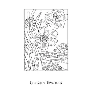 Coloring page of a landscape with a house in the countryside