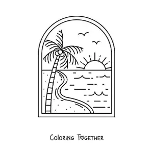Coloring page of a beach landscape with a palm tree and the sun