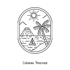 Coloring page of a beach landscape with a palm tree and a volcano in the background