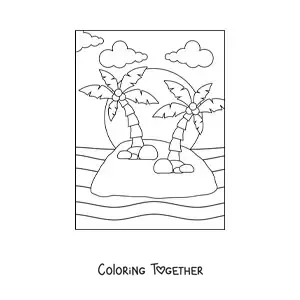 Coloring page of an island with two palm trees