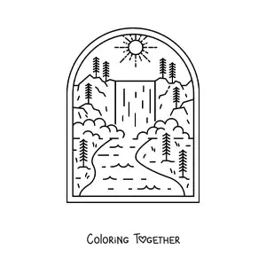 Coloring page of a natural landscape with a waterfall, a river, and pine trees